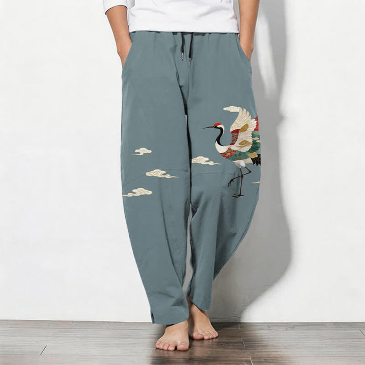 Buddha Stones Pantaloni da uomo affusolati con coulisse e tasche, in puro cotone multicolore con motivo gru e nuvole. - Azzurro chiaro - US/UK/AU50, EU60 (5XL) - image 0