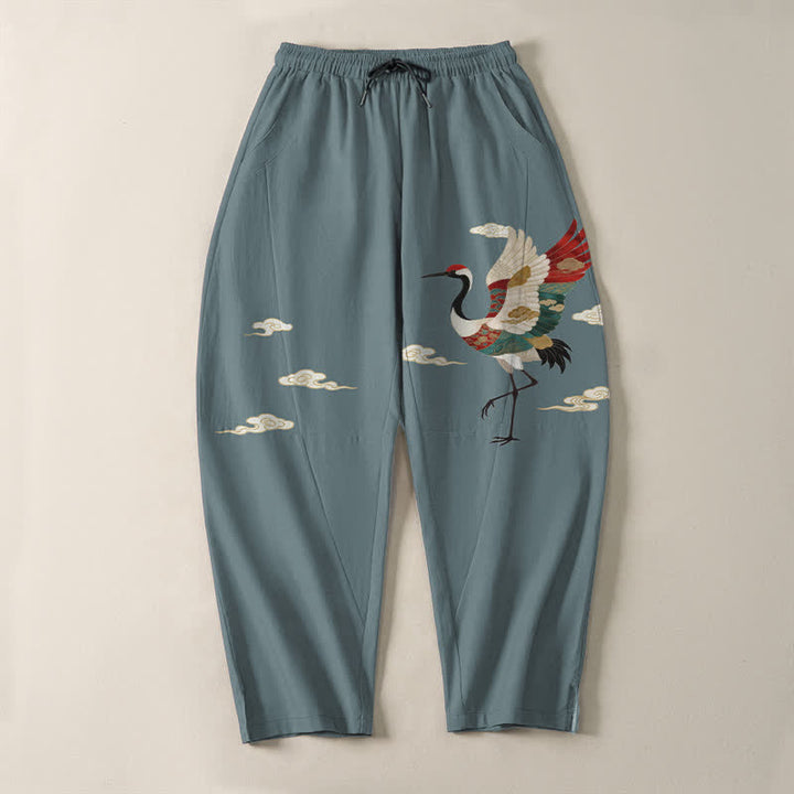 Buddha Stones Pantaloni da uomo affusolati con coulisse e tasche, in puro cotone multicolore con motivo gru e nuvole. - image 2
