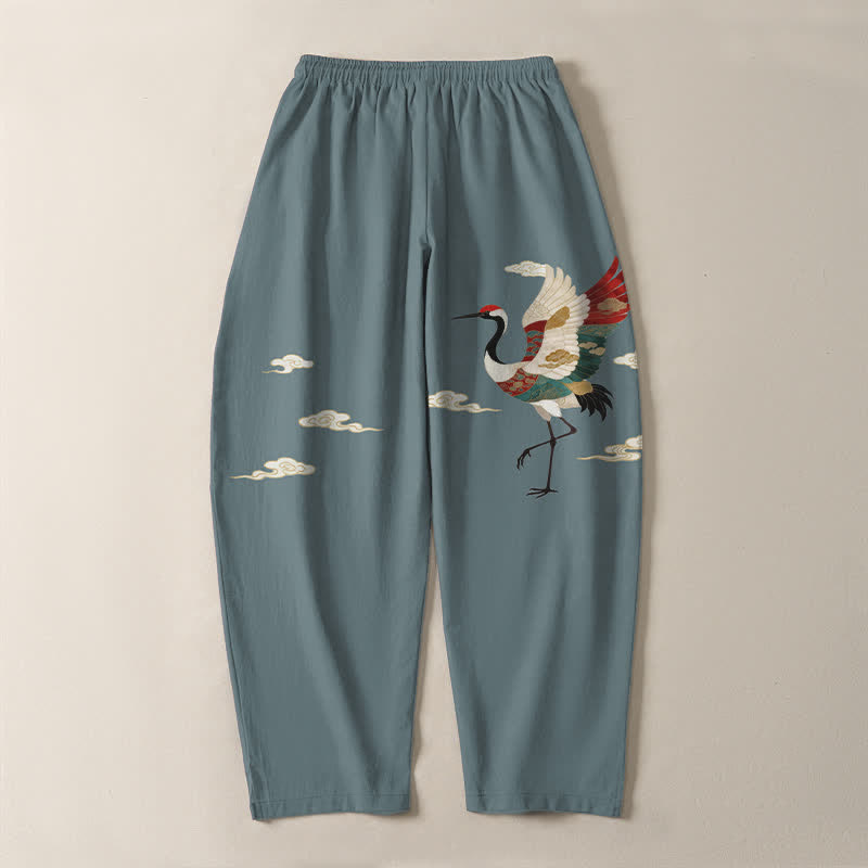 Buddha Stones Pantaloni da uomo affusolati con coulisse e tasche, in puro cotone multicolore con motivo gru e nuvole. - image 3