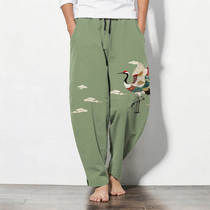 Buddha Stones Pantaloni da uomo affusolati con coulisse e tasche, in puro cotone multicolore con motivo gru e nuvole. - Verde Mare Scuro - US/UK/AU50, EU60 (5XL) - image 7