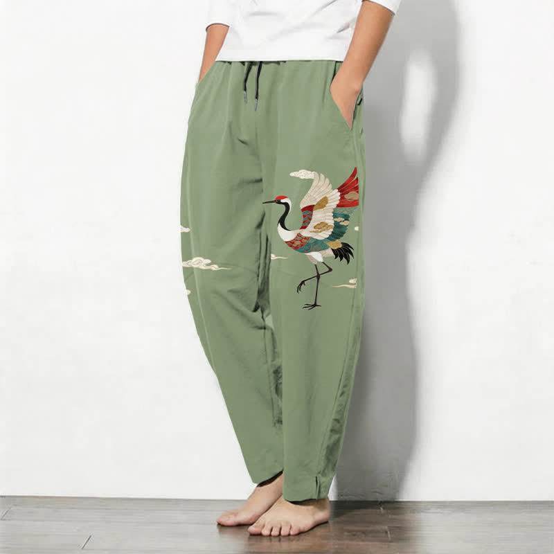 Buddha Stones Pantaloni da uomo affusolati con coulisse e tasche, in puro cotone multicolore con motivo gru e nuvole. - image 8