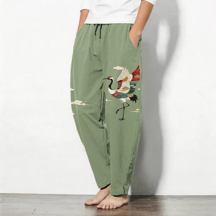 Buddha Stones Pantaloni da uomo affusolati con coulisse e tasche, in puro cotone multicolore con motivo gru e nuvole. - image 8