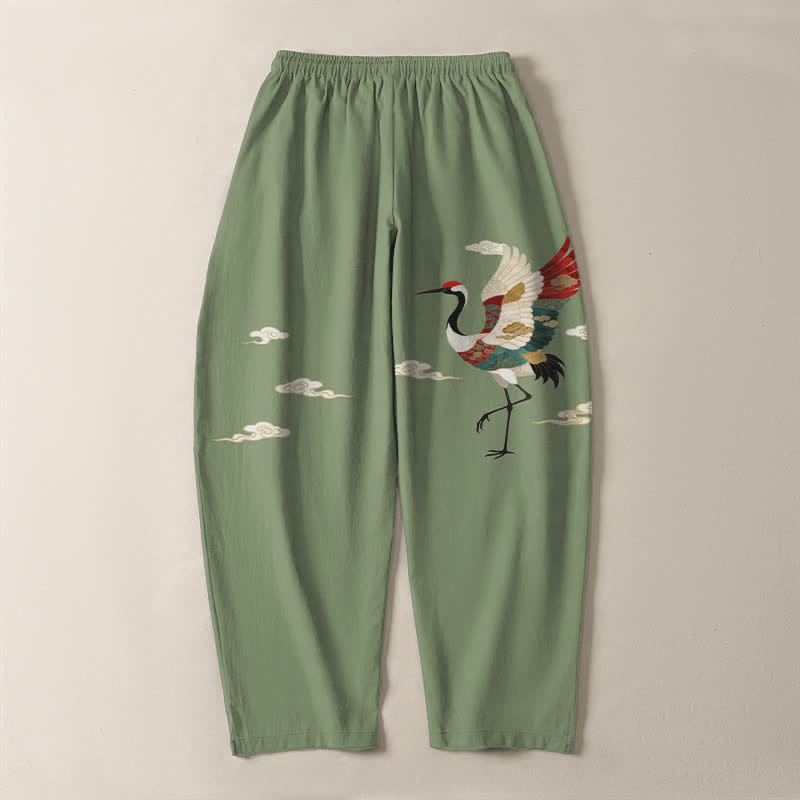 Buddha Stones Pantaloni da uomo affusolati con coulisse e tasche, in puro cotone multicolore con motivo gru e nuvole. - image 10