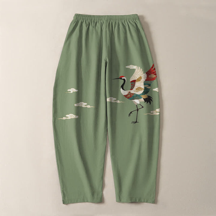 Buddha Stones Pantaloni da uomo affusolati con coulisse e tasche, in puro cotone multicolore con motivo gru e nuvole. - image 10