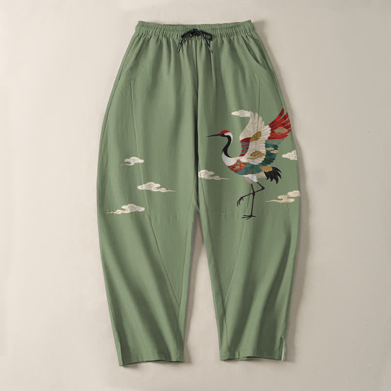 Buddha Stones Pantaloni da uomo affusolati con coulisse e tasche, in puro cotone multicolore con motivo gru e nuvole. - image 9