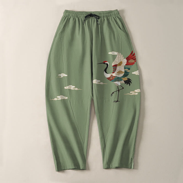Buddha Stones Pantaloni da uomo affusolati con coulisse e tasche, in puro cotone multicolore con motivo gru e nuvole. - image 9