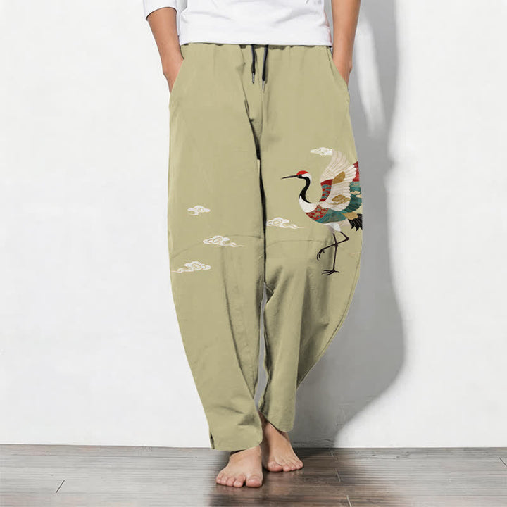 Buddha Stones Pantaloni da uomo affusolati con coulisse e tasche, in puro cotone multicolore con motivo gru e nuvole. - Cachi scuro - US/UK/AU50, EU60 (5XL) - image 11