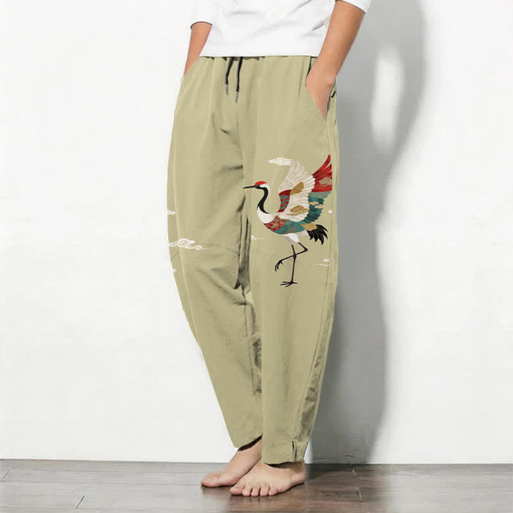 Buddha Stones Pantaloni da uomo affusolati con coulisse e tasche, in puro cotone multicolore con motivo gru e nuvole. - image 12
