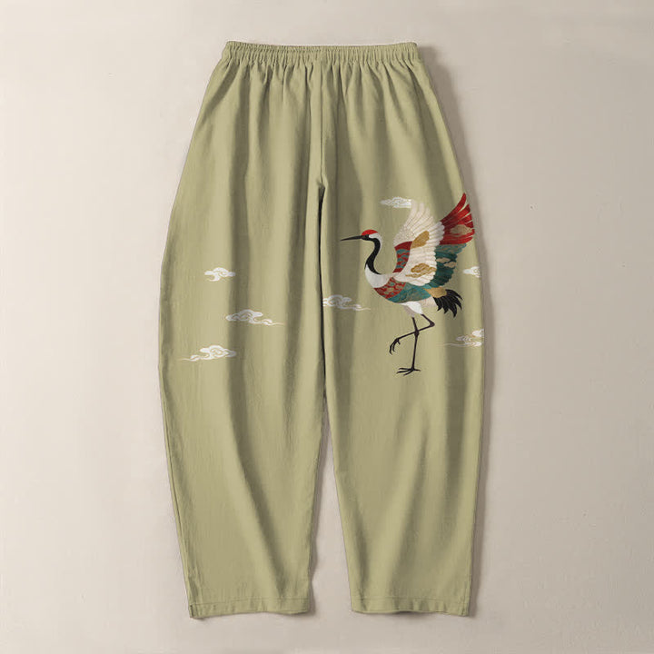 Buddha Stones Pantaloni da uomo affusolati con coulisse e tasche, in puro cotone multicolore con motivo gru e nuvole. - image 14