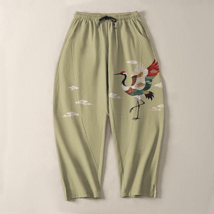 Buddha Stones Pantaloni da uomo affusolati con coulisse e tasche, in puro cotone multicolore con motivo gru e nuvole. - image 13