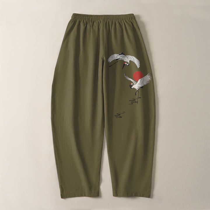 Buddha Stones Pantaloni da uomo affusolati con coulisse e tasche, in puro cotone, con motivo gru e sole rosso. - image 10