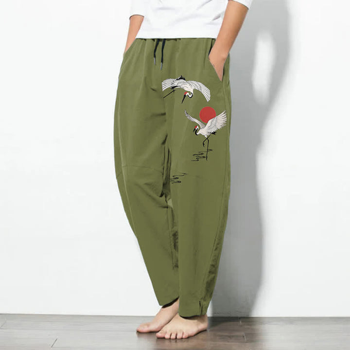 Buddha Stones Pantaloni da uomo affusolati con coulisse e tasche, in puro cotone, con motivo gru e sole rosso. - image 12