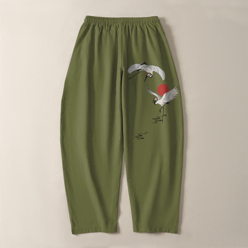 Buddha Stones Pantaloni da uomo affusolati con coulisse e tasche, in puro cotone, con motivo gru e sole rosso. - image 14