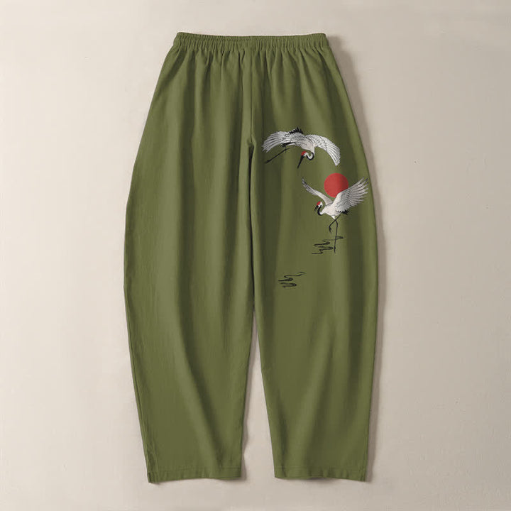 Buddha Stones Pantaloni da uomo affusolati con coulisse e tasche, in puro cotone, con motivo gru e sole rosso. - image 14