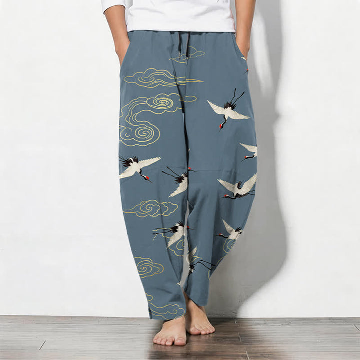 Buddha Stones Pantaloni da uomo affusolati con coulisse e tasche, in puro cotone bianco, con motivo gru coronate rosse e nuvole. - Blu acciaio chiaro - US/UK/AU50, EU60 (5XL) - image 7