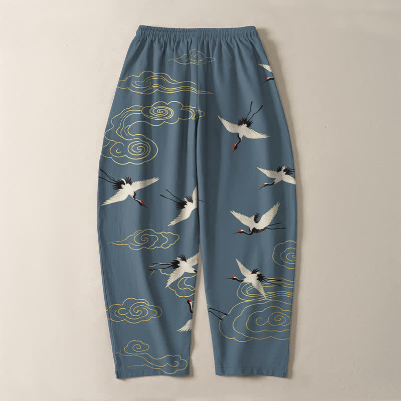 Buddha Stones Pantaloni da uomo affusolati con coulisse e tasche, in puro cotone bianco, con motivo gru coronate rosse e nuvole. - image 10
