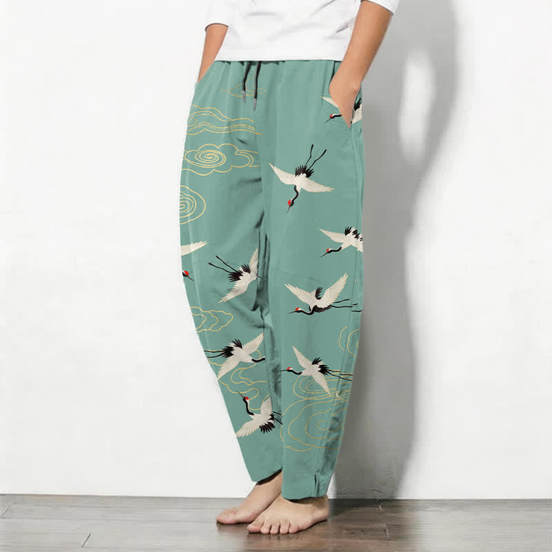 Buddha Stones Pantaloni da uomo affusolati con coulisse e tasche, in puro cotone bianco, con motivo gru coronate rosse e nuvole. - image 12