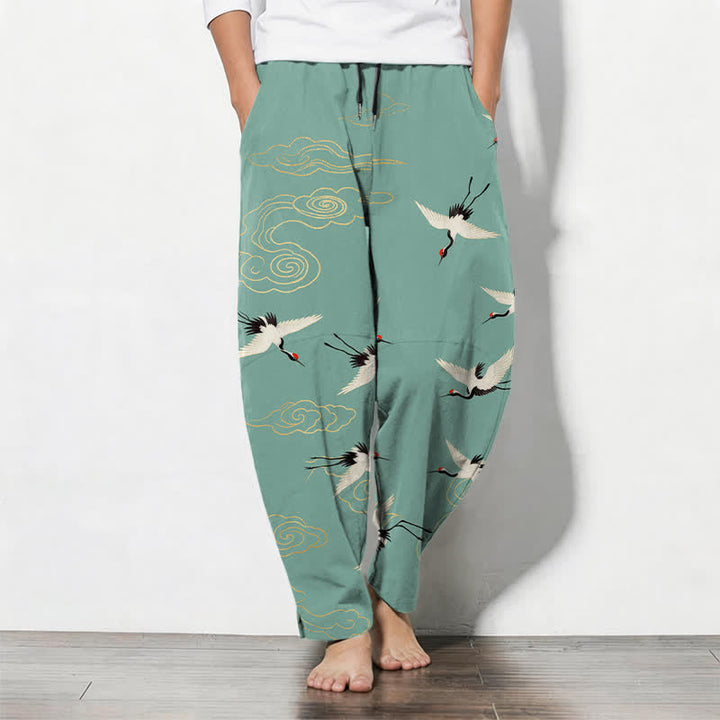 Buddha Stones Pantaloni da uomo affusolati con coulisse e tasche, in puro cotone bianco, con motivo gru coronate rosse e nuvole. - Acquamarina - US/UK/AU50, EU60 (5XL) - image 11