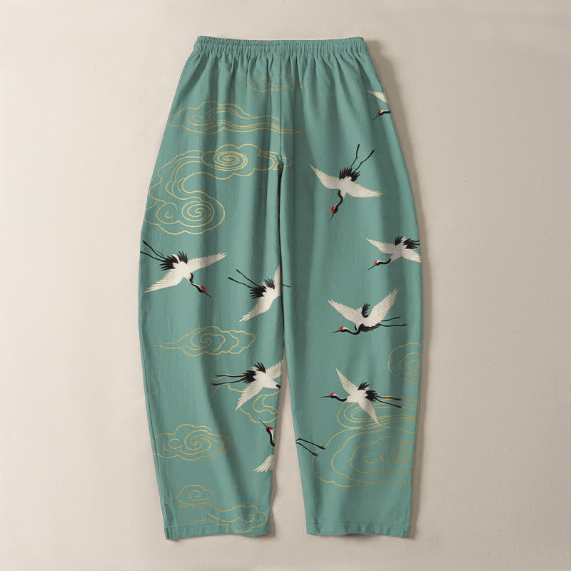 Buddha Stones Pantaloni da uomo affusolati con coulisse e tasche, in puro cotone bianco, con motivo gru coronate rosse e nuvole. - image 14