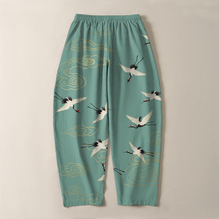 Buddha Stones Pantaloni da uomo affusolati con coulisse e tasche, in puro cotone bianco, con motivo gru coronate rosse e nuvole. - image 14