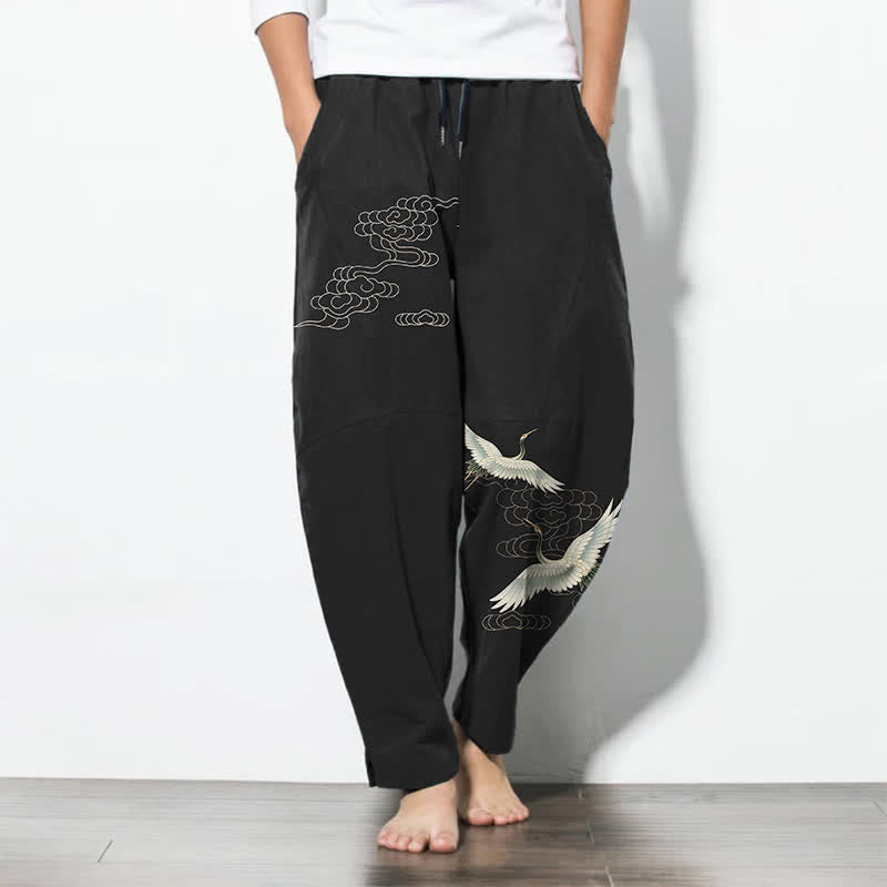 Buddha Stones Pantaloni da uomo affusolati con coulisse e tasche, in puro cotone bianco con motivo gru e nuvole. - Nero - US/UK/AU50, EU60 (5XL) - image 0