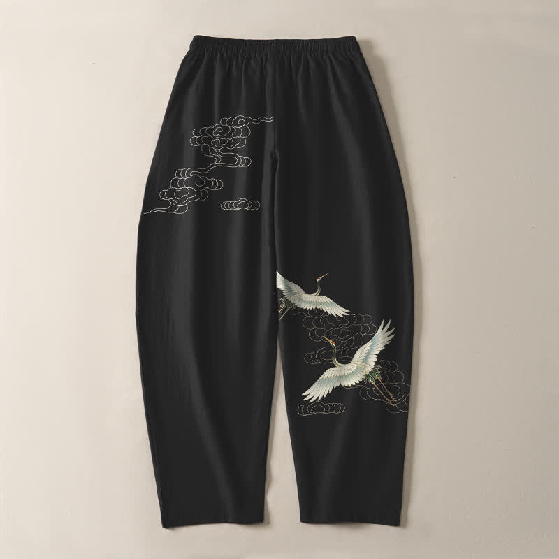 Buddha Stones Pantaloni da uomo affusolati con coulisse e tasche, in puro cotone bianco con motivo gru e nuvole. - image 3