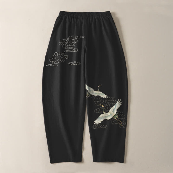 Buddha Stones Pantaloni da uomo affusolati con coulisse e tasche, in puro cotone bianco con motivo gru e nuvole. - image 3
