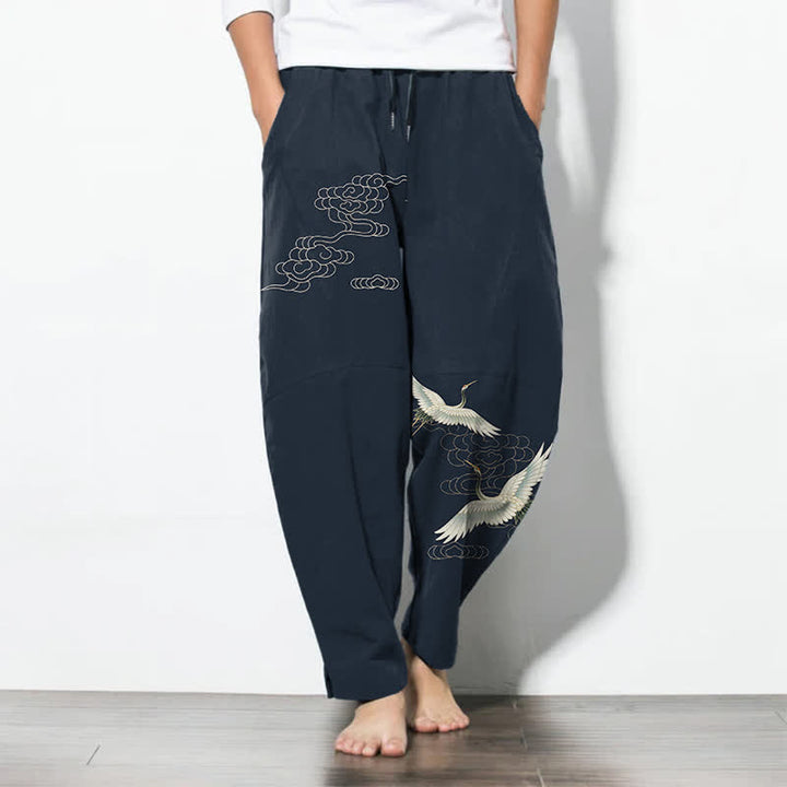 Buddha Stones Pantaloni da uomo affusolati con coulisse e tasche, in puro cotone bianco con motivo gru e nuvole. - Marina - US/UK/AU50, EU60 (5XL) - image 7