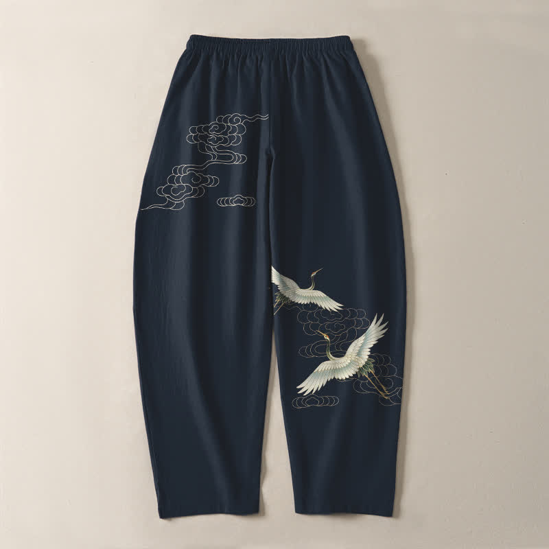 Buddha Stones Pantaloni da uomo affusolati con coulisse e tasche, in puro cotone bianco con motivo gru e nuvole. - image 10