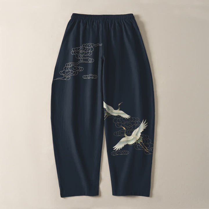 Buddha Stones Pantaloni da uomo affusolati con coulisse e tasche, in puro cotone bianco con motivo gru e nuvole. - image 10