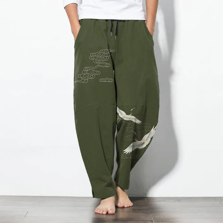 Buddha Stones Pantaloni da uomo affusolati con coulisse e tasche, in puro cotone bianco con motivo gru e nuvole. - Verde oliva scuro - US/UK/AU50, EU60 (5XL) - image 11