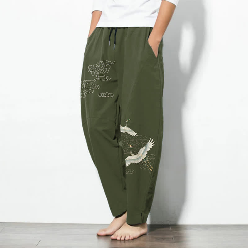 Buddha Stones Pantaloni da uomo affusolati con coulisse e tasche, in puro cotone bianco con motivo gru e nuvole. - image 12