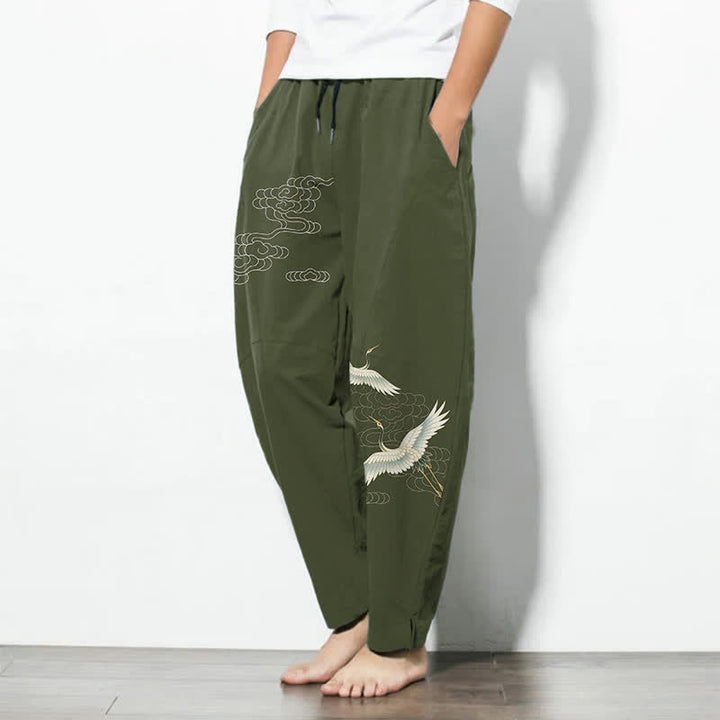 Buddha Stones Pantaloni da uomo affusolati con coulisse e tasche, in puro cotone bianco con motivo gru e nuvole. - image 12