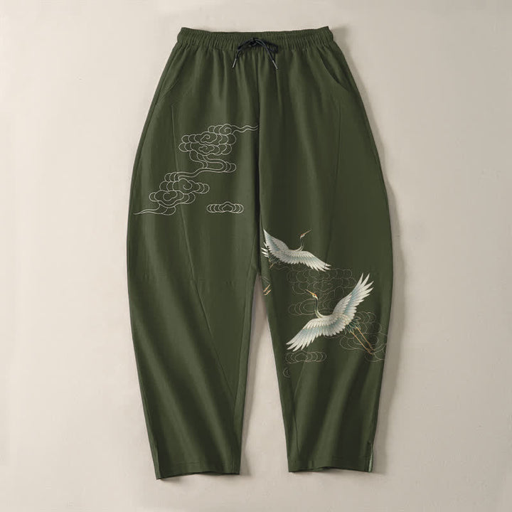 Buddha Stones Pantaloni da uomo affusolati con coulisse e tasche, in puro cotone bianco con motivo gru e nuvole. - image 13