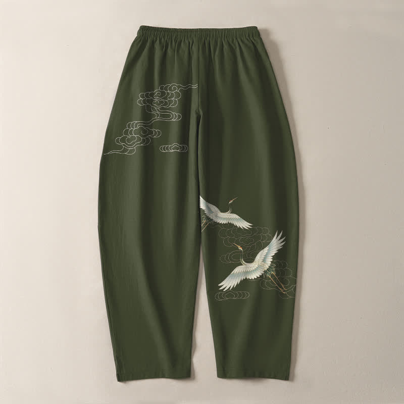 Buddha Stones Pantaloni da uomo affusolati con coulisse e tasche, in puro cotone bianco con motivo gru e nuvole. - image 14