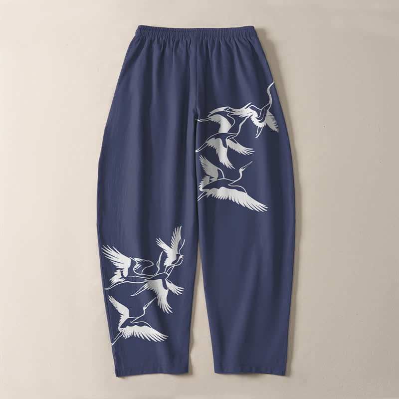Buddha Stones Pantaloni da uomo affusolati con coulisse e tasche, in puro cotone, con motivo gru in volo. - image 3