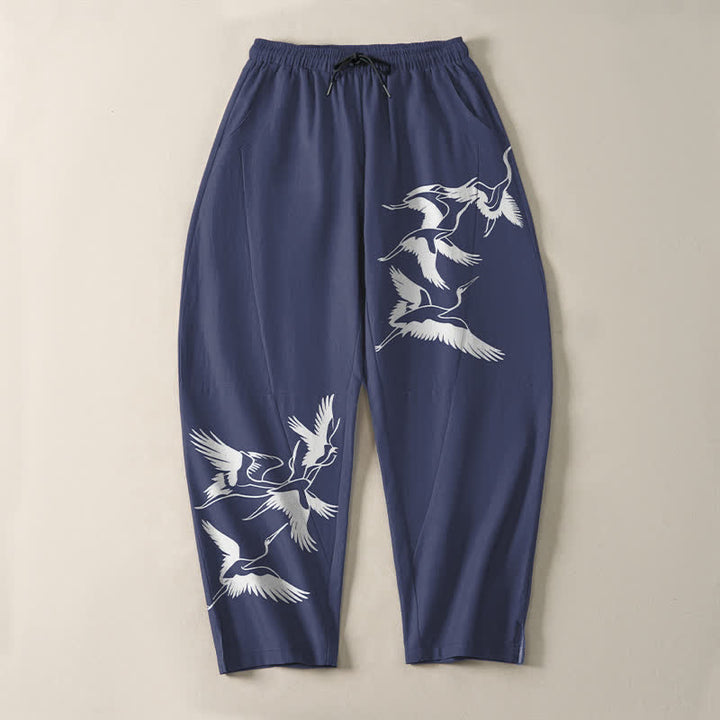 Buddha Stones Pantaloni da uomo affusolati con coulisse e tasche, in puro cotone, con motivo gru in volo. - image 2