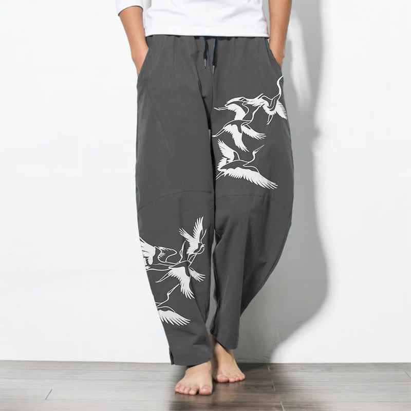 Buddha Stones Pantaloni da uomo affusolati con coulisse e tasche, in puro cotone, con motivo gru in volo. - Grigio tenue - US/UK/AU50, EU60 (5XL) - image 7