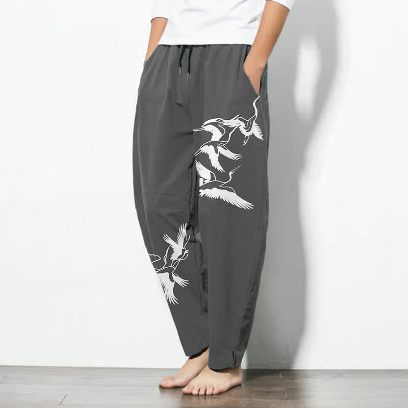 Buddha Stones Pantaloni da uomo affusolati con coulisse e tasche, in puro cotone, con motivo gru in volo. - image 8
