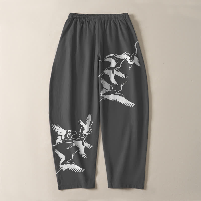 Buddha Stones Pantaloni da uomo affusolati con coulisse e tasche, in puro cotone, con motivo gru in volo. - image 10