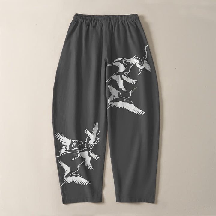 Buddha Stones Pantaloni da uomo affusolati con coulisse e tasche, in puro cotone, con motivo gru in volo. - image 10