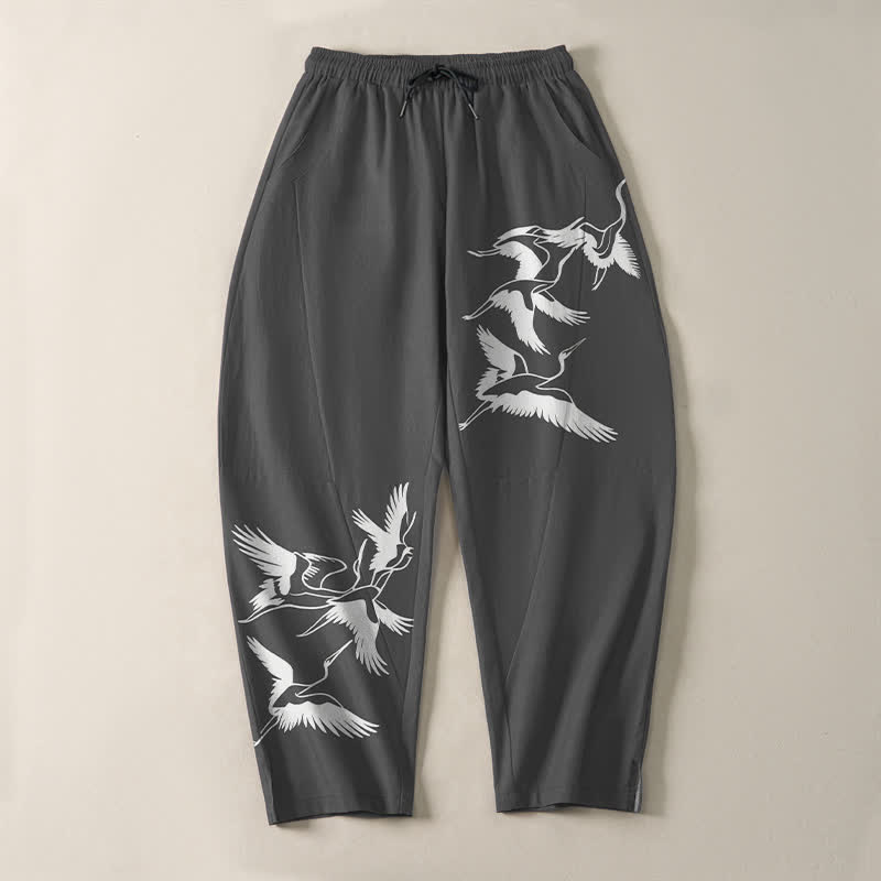 Buddha Stones Pantaloni da uomo affusolati con coulisse e tasche, in puro cotone, con motivo gru in volo. - image 9