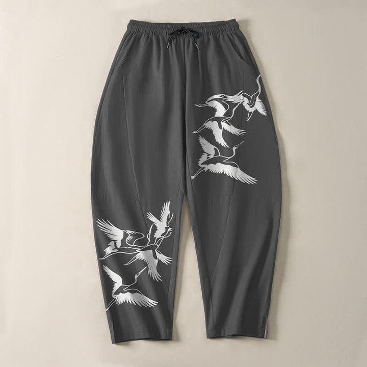 Buddha Stones Pantaloni da uomo affusolati con coulisse e tasche, in puro cotone, con motivo gru in volo. - image 9