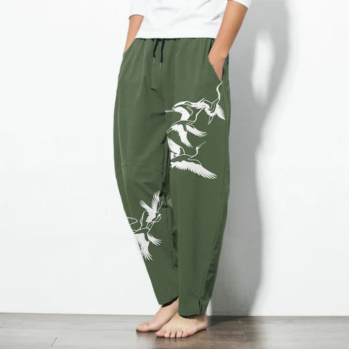 Buddha Stones Pantaloni da uomo affusolati con coulisse e tasche, in puro cotone, con motivo gru in volo. - image 12