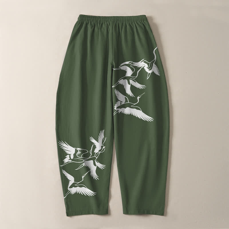 Buddha Stones Pantaloni da uomo affusolati con coulisse e tasche, in puro cotone, con motivo gru in volo. - image 14