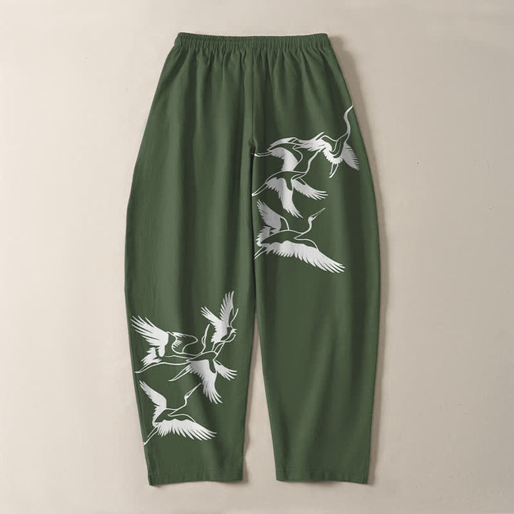 Buddha Stones Pantaloni da uomo affusolati con coulisse e tasche, in puro cotone, con motivo gru in volo. - image 14