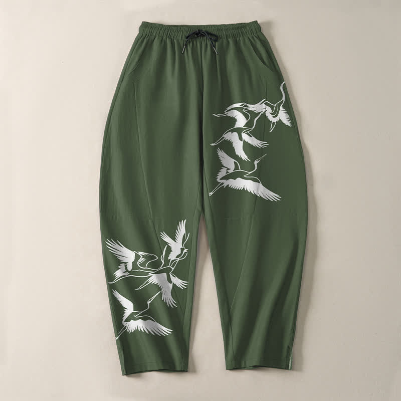 Buddha Stones Pantaloni da uomo affusolati con coulisse e tasche, in puro cotone, con motivo gru in volo. - image 13