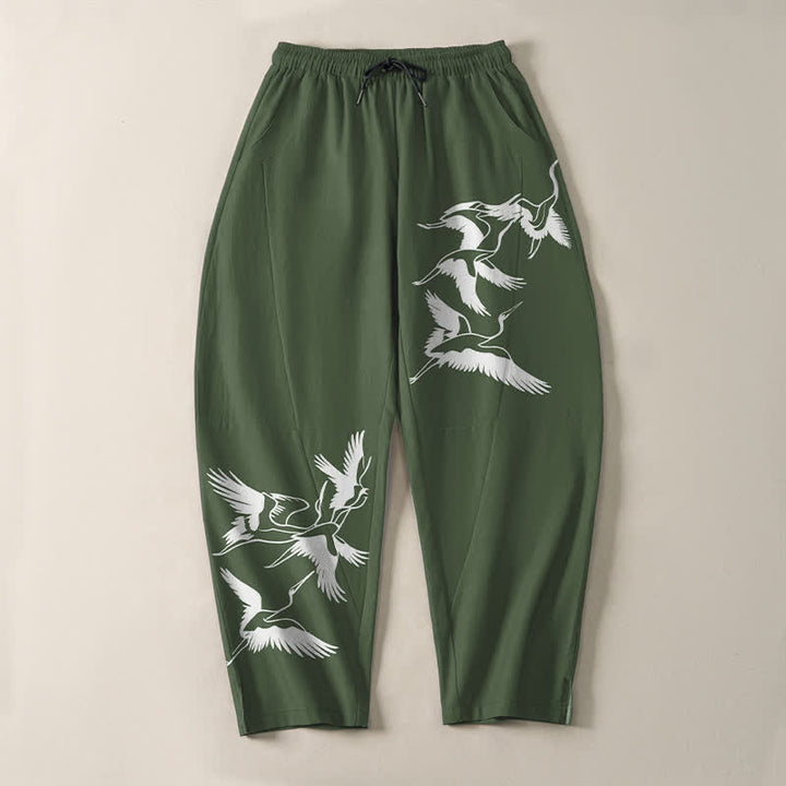 Buddha Stones Pantaloni da uomo affusolati con coulisse e tasche, in puro cotone, con motivo gru in volo. - image 13