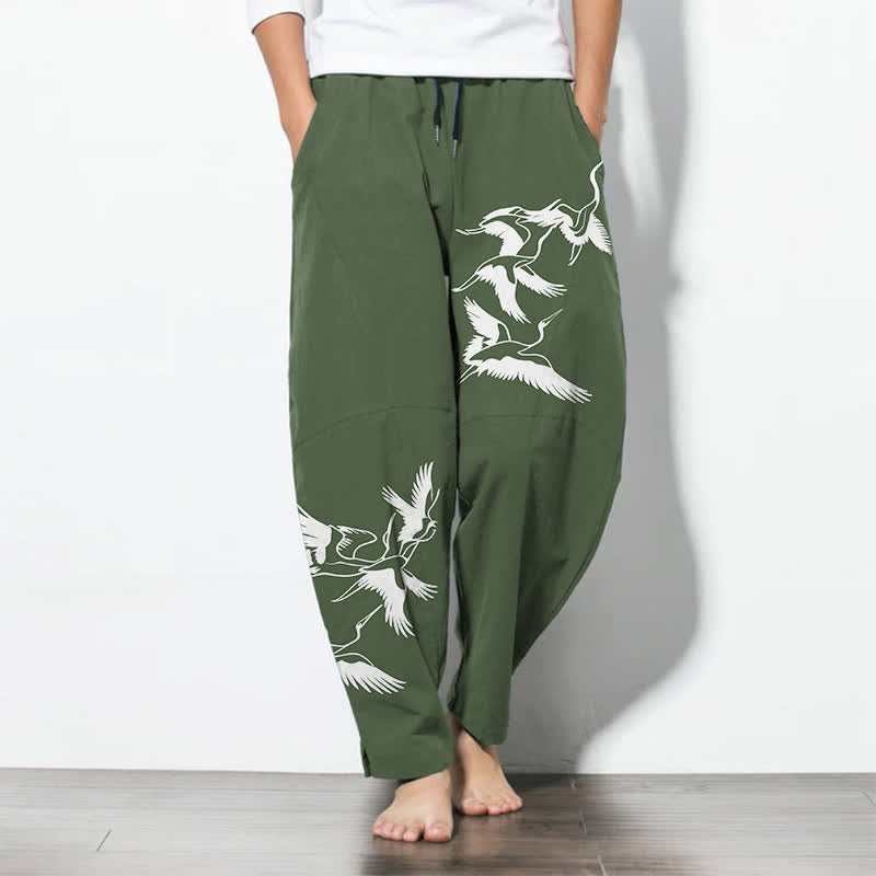 Buddha Stones Pantaloni da uomo affusolati con coulisse e tasche, in puro cotone, con motivo gru in volo. - Verde oliva scuro - US/UK/AU50, EU60 (5XL) - image 11