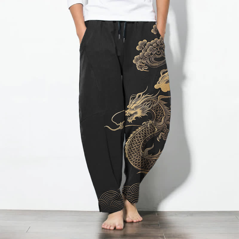 Buddha Stones Pantaloni da uomo affusolati in puro cotone con motivo drago dorato e nuvole, con coulisse e tasche. - Nero - US/UK/AU50, EU60 (5XL) - image 7